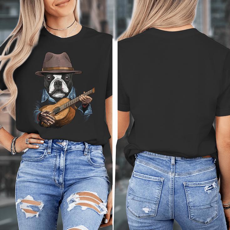 Guitar Shirt Boston Terrier Dog Playing Acoustic Guitar Women's T-Shirt, funny design