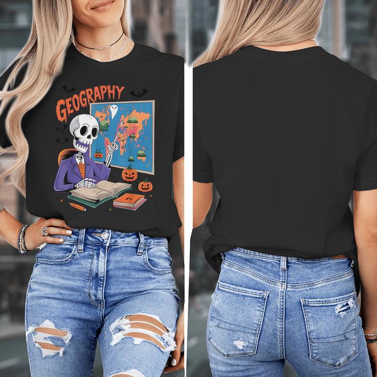 Halloween Skeleton Geography Teacher Pumpkin Bats Classroom Women's T-Shirt, funny design Halloween Skeleton Geography Teacher Pumpkin Bats Classroom Women's T-Shirt, funny design
