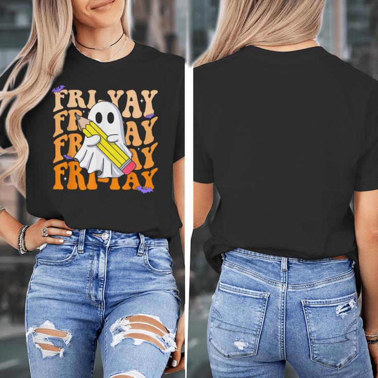 Happy Fri-Yay Friday Lovers Groovy Teacher Life Halloween Women's T-Shirt, Groovy Teacher Gifts, funny design