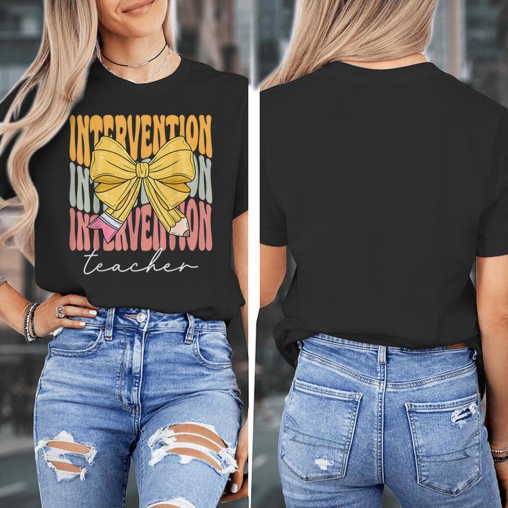 Interventionist Teacher Groovy Coquette Bow Back To School Women's T-Shirt, Groovy Teacher Gifts, funny design Interventionist Teacher Groovy Coquette Bow Back To School Women's T-Shirt, Groovy Teacher Gifts, funny design