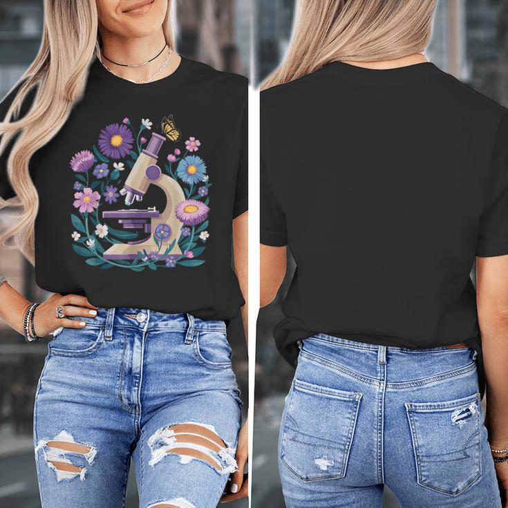 Microscope Flower Butterfly Biology Science Teacher Student Women's T-Shirt, Science Teacher Gifts, funny design