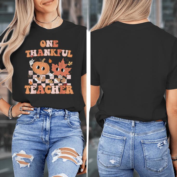 One Thankful Teacher Fall Leaves Thanksgiving Retro Women's T-Shirt, funny design