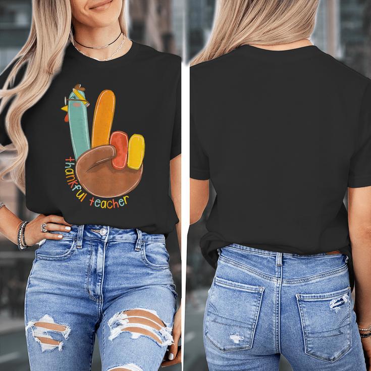 One Thankful Teacher Thanksgiving Turkey Peace Hand Sign Women's T-Shirt, funny design One Thankful Teacher Thanksgiving Turkey Peace Hand Sign Women's T-Shirt, funny design