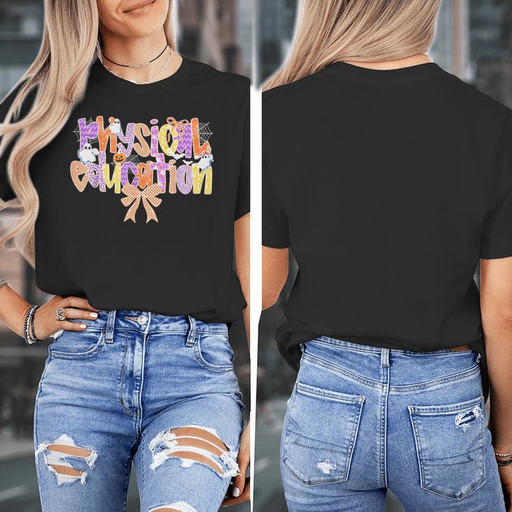 Physical Education Halloween Bow Checkered Teacher Ghost PE Women's T-Shirt, Pe Teacher Gifts, funny design