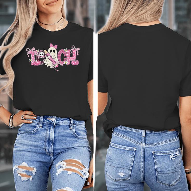 Pink Ghost Teach Halloween Teacher In Spooky Season Women's T-Shirt, funny design