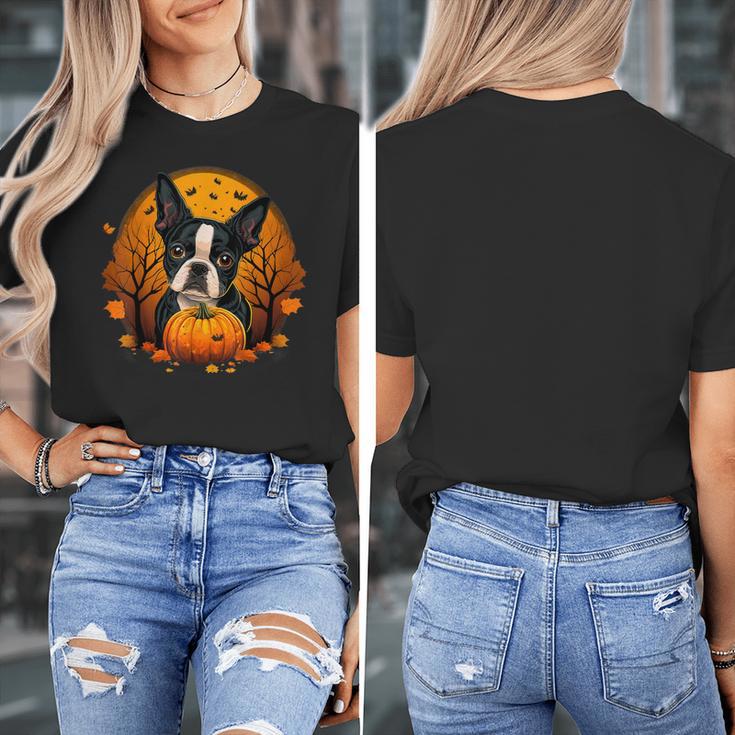 Pumpkin Boston Terrier Costume On Boston Terrier Halloween Women's T-Shirt, Boston Terrier Halloween Gifts, funny design