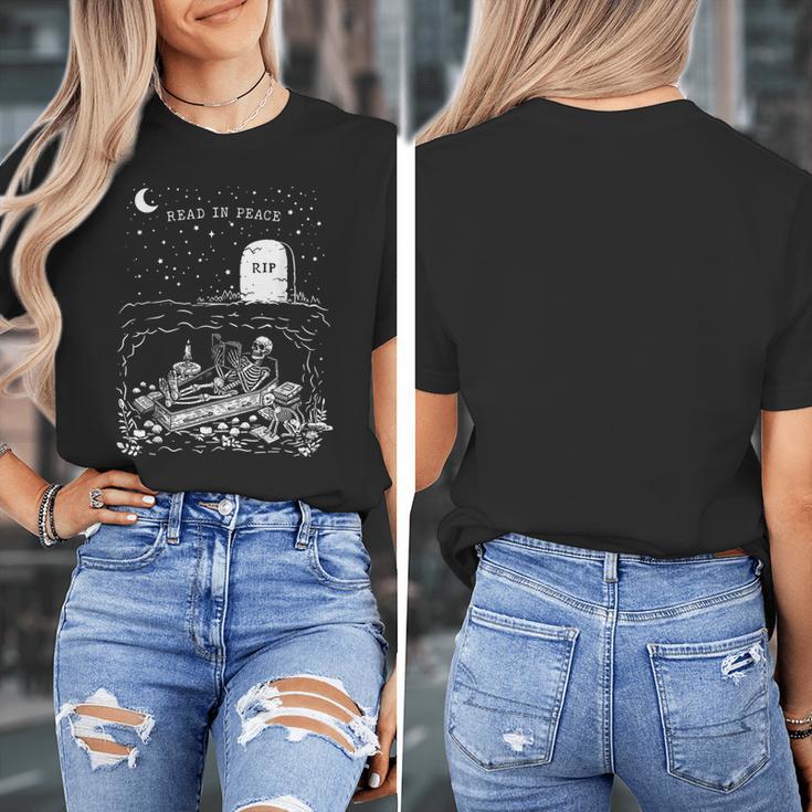 Read In Peace Skeleton Halloween Book Reading Spooky Teacher Women's T-Shirt, funny design