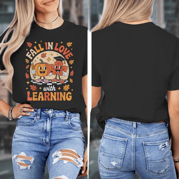 Retro Fall In Love With Learning Pumpkin Leaf Teacher Autumn Women's T-Shirt, funny design Retro Fall In Love With Learning Pumpkin Leaf Teacher Autumn Women's T-Shirt, funny design