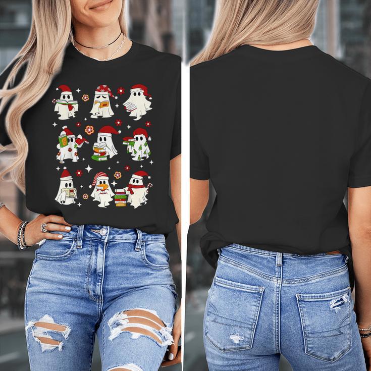Santa Ghost Reading Books Christmas Library Teacher Women's T-Shirt, funny design