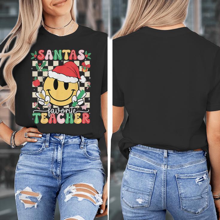Santas Favorite Teacher Retro Groovy Smile Face Christmas Women's T-Shirt, Groovy Teacher Gifts, funny design
