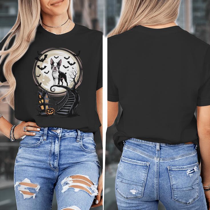 Spooky Halloween Moon Boston Terrier Boston Bull Bostie Women's T-Shirt, Boston Terrier Halloween Gifts, funny design