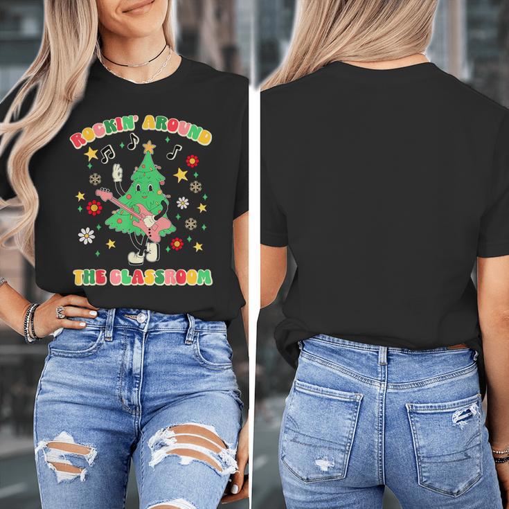 Teacher Christmas Shirts Pajama Matching Rockin' Around The Classroom -Adult Short Sleeve Small Modern Festive Christmas Teacher Xmas Vibes T-Shirt Women's T-Shirt, funny design