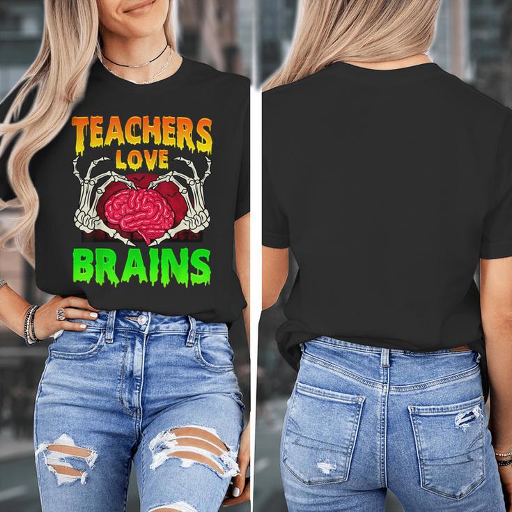 Teacher Teachers Love Brains Skeleton Hand Heart Halloween Women's T-Shirt, funny design