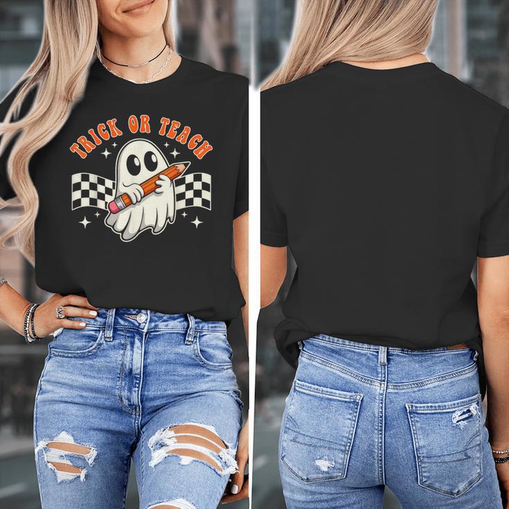 Trick Or Teach Groovy Retro Ghost Halloween Teacher Kids Women's T-Shirt, Groovy Teacher Gifts, funny design Trick Or Teach Groovy Retro Ghost Halloween Teacher Kids Women's T-Shirt, Groovy Teacher Gifts, funny design