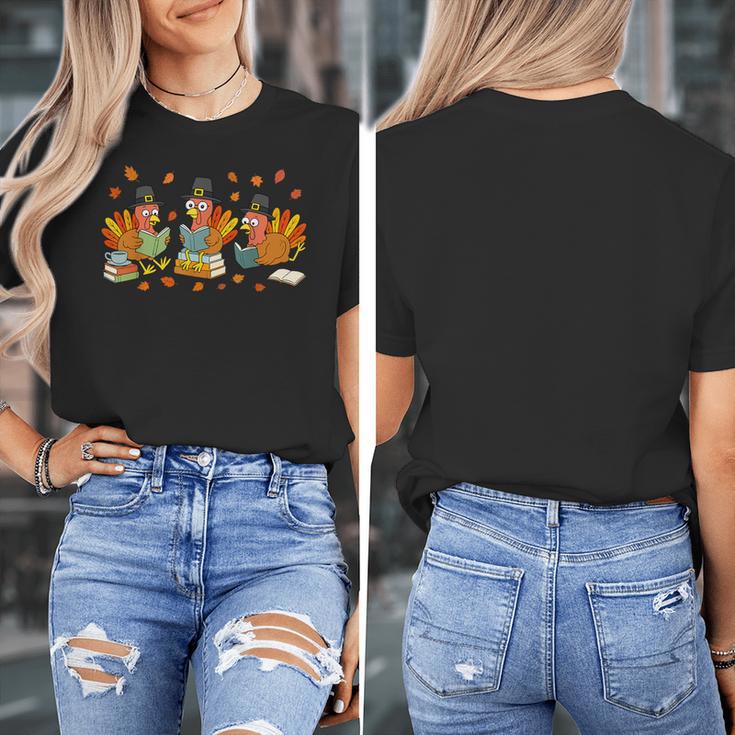 Turkey Reading Books Fall Thanksgiving Teacher Student Women's T-Shirt, funny design