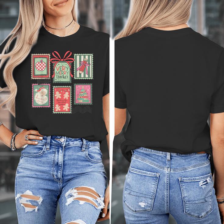 Vintage Preppy Very Merry Teacher Santa Stamps Christmas Women's T-Shirt, funny design Vintage Preppy Very Merry Teacher Santa Stamps Christmas Women's T-Shirt, funny design