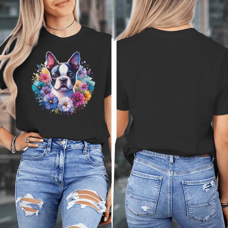 Watercolor Floral Boston Terrier Mama Dog Lover Mother's Day Women's T-Shirt, funny design
