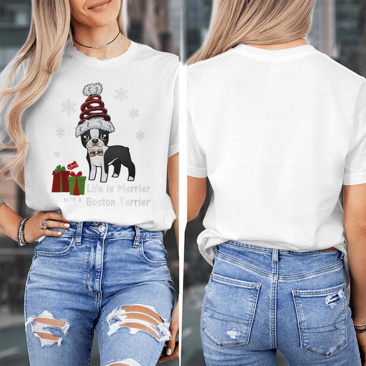Boston Terrier Christmas T Shirt-Life Is Merrier Premium Tri-Blend Women's T-Shirt, Boston Terrier Christmas Gifts, funny design