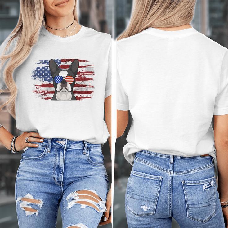 Boston Terrier Dad American Flag 4th Of July Dog Fathers Day Women's T-Shirt, Couple Gifts, Boston Terrier Dad Gifts, American Boston Terrier Gifts, Boston Terrier 4th Of July Gifts, funny design