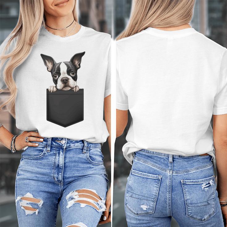 Boston Terrier Dog Puppy Dog In Pocket Cute Pet Lover Women's T-Shirt, funny design