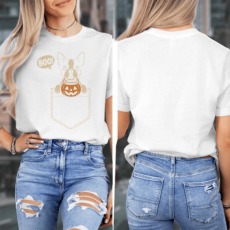 Boston Terrier Halloween Cute Bostie Dog Pocket Boo Women's T-Shirt, Boston Terrier Halloween Gifts, funny design