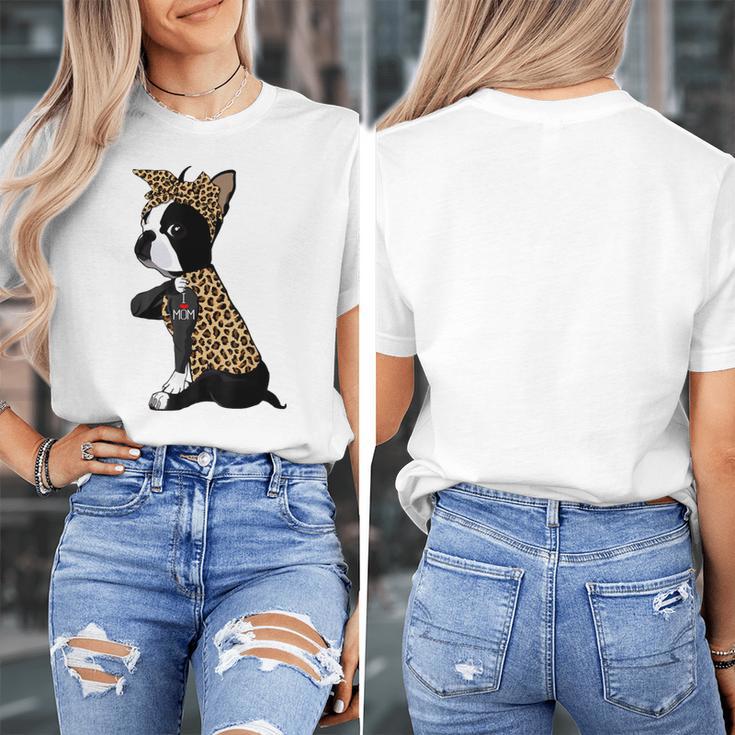 Boston Terrier Lover I Love Mom Tattoo Leopard Women's T-Shirt, Couple Gifts, Mom Gifts, Boston Terrier Mom Gifts, funny design