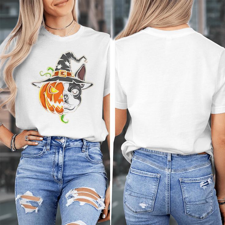 Boston Terrier Pumpkin Jack O Lantern Halloween Women's T-Shirt, Boston Terrier Halloween Gifts, funny design