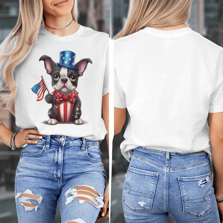 Boston Terrier Puppy Dog Holds His American Flag 4th Of July Women's T-Shirt, American Boston Terrier Gifts, Boston Terrier 4th Of July Gifts, funny design