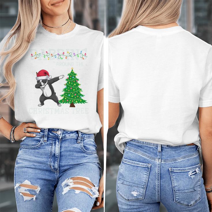Boston Terrier Santa Hat Dabbing Around The Christmas Tree Women's T-Shirt, Boston Terrier Christmas Gifts, funny design