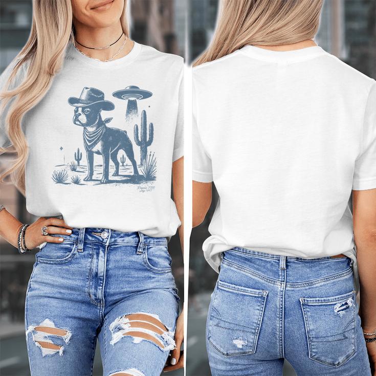 Boston Terrier UFO Cowboy Dog Dog Mom Dog Dad Alien Dog Women's T-Shirt, Couple Gifts, Mom Gifts, Boston Terrier Dad Gifts, Boston Terrier Mom Gifts, funny design
