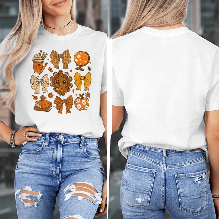 Coquette Teach Teacher Bows Thanksgiving Turkey Fall Autumn Women's T-Shirt, funny design Coquette Teach Teacher Bows Thanksgiving Turkey Fall Autumn Women's T-Shirt, funny design