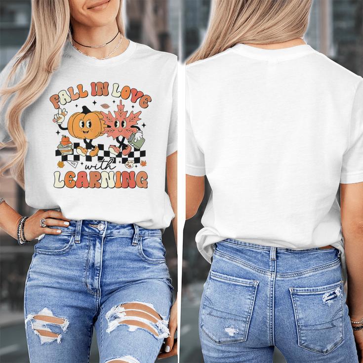 Fall In Love With Learning Teacher Retro Thanksgiving Women's T-Shirt, funny design