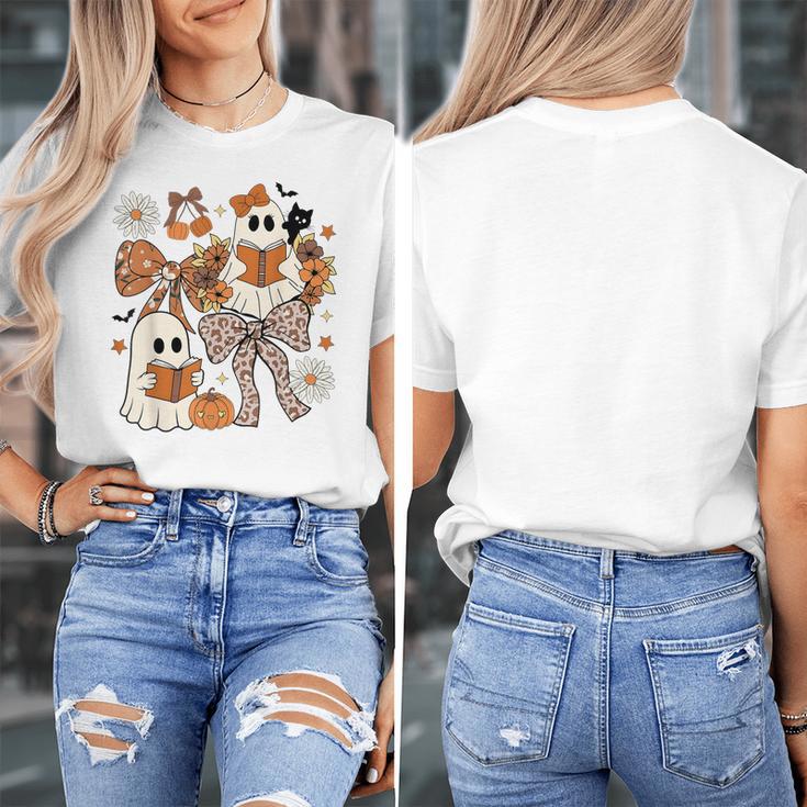 Ghost Reading Books Halloween Bow Spooky Teacher Student Women's T-Shirt, funny design