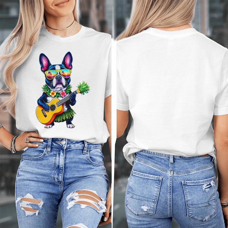 Hawaiian Boston Terrier & Pineapple Ukulele Summer Vacation Women's T-Shirt, funny design
