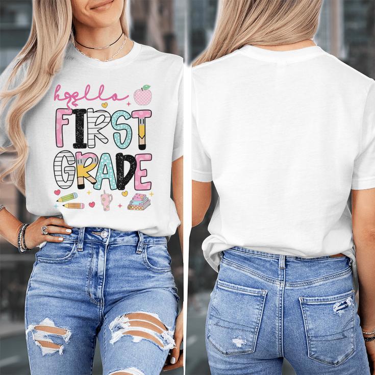 Hello First Grade Teacher Coquette Pencil Bow Back To School Women's T-Shirt, First Grade Teacher Gifts, funny design Hello First Grade Teacher Coquette Pencil Bow Back To School Women's T-Shirt, First Grade Teacher Gifts, funny design