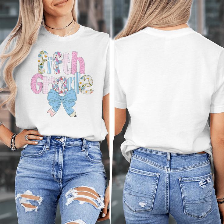 Preppy Fifth Grade Teacher Blue Floral Coquette Pencil Bow Women's T-Shirt, funny design