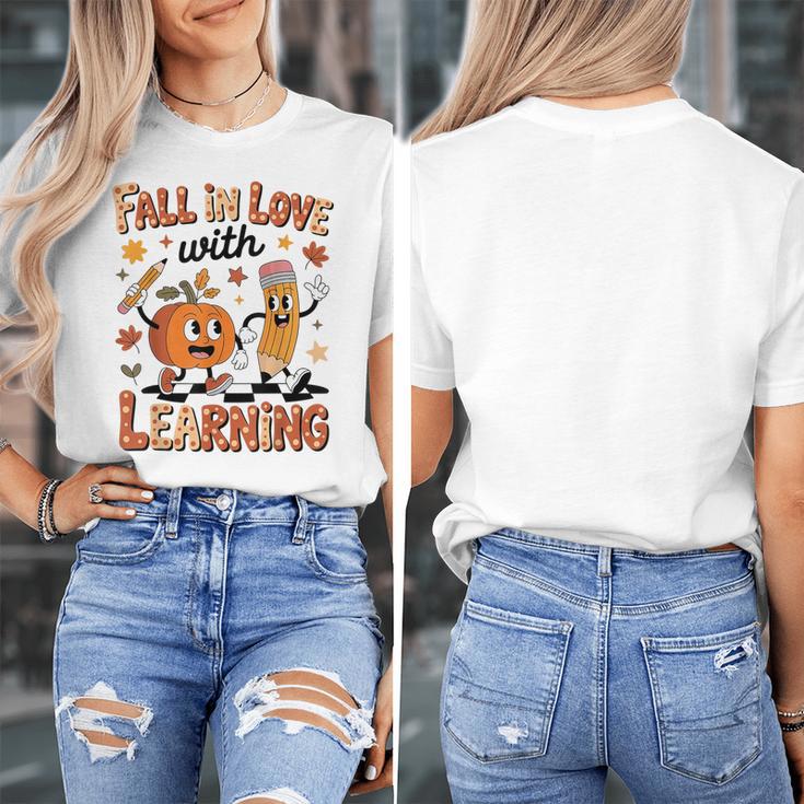 Retro Fall In Love With Learning Autumn Pumpkin Teacher Kids Women's T-Shirt, funny design Retro Fall In Love With Learning Autumn Pumpkin Teacher Kids Women's T-Shirt, funny design
