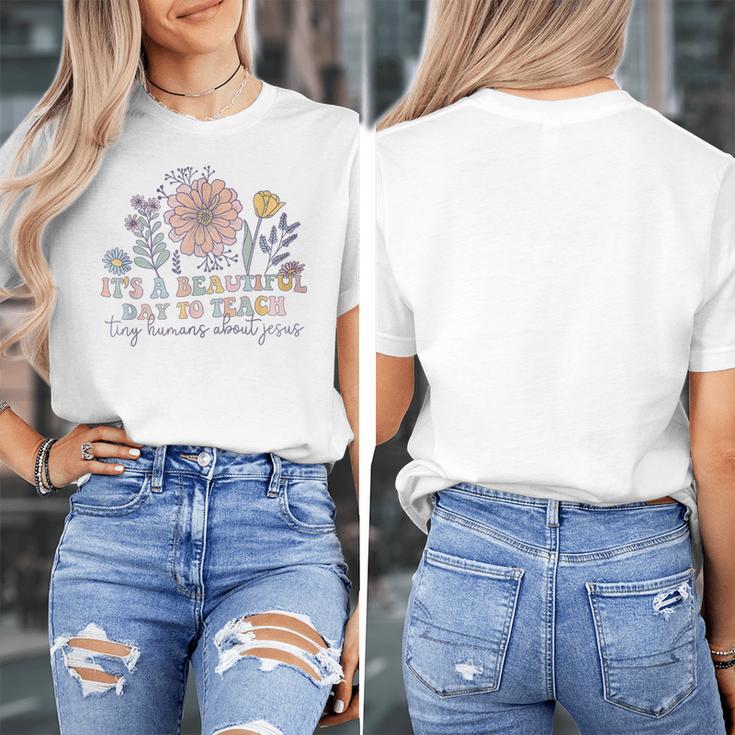 Retro I Teach Tiny Humans About Jesus Christian Teacher Women's T-Shirt, funny design