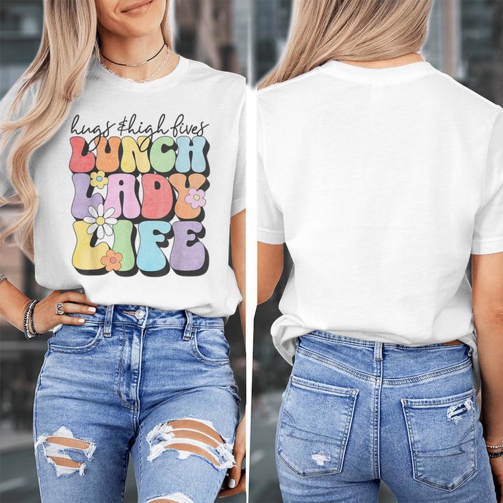 Soul Bleach Teacher Staff First Day Of School Last Hugs & High Fives Lunch Lady Vibes Blue Classic Fit Women's T-Shirt, funny design Soul Bleach Teacher Staff First Day Of School Last Hugs & High Fives Lunch Lady Vibes Blue Classic Fit Women's T-Shirt, funny design