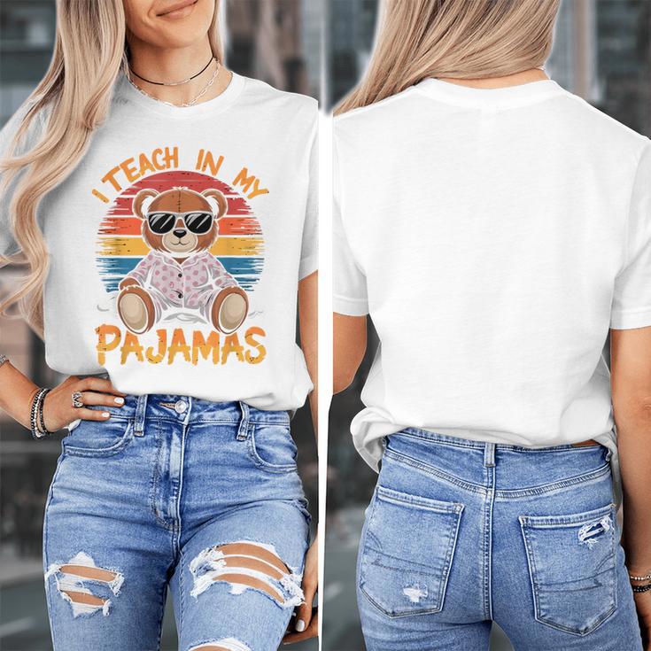 I Teach In My Pajamas Teacher Sunset Bear Retro Women's T-Shirt, funny design