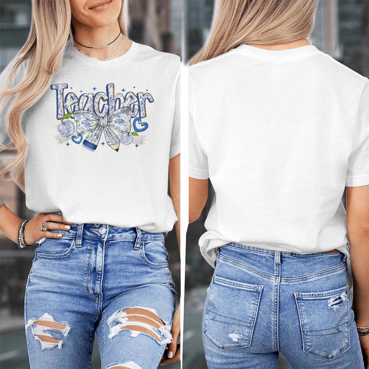 Teacher Blue Chinoiserie Coquette Bow Heart Teacher Life Women's T-Shirt, funny design Teacher Blue Chinoiserie Coquette Bow Heart Teacher Life Women's T-Shirt, funny design