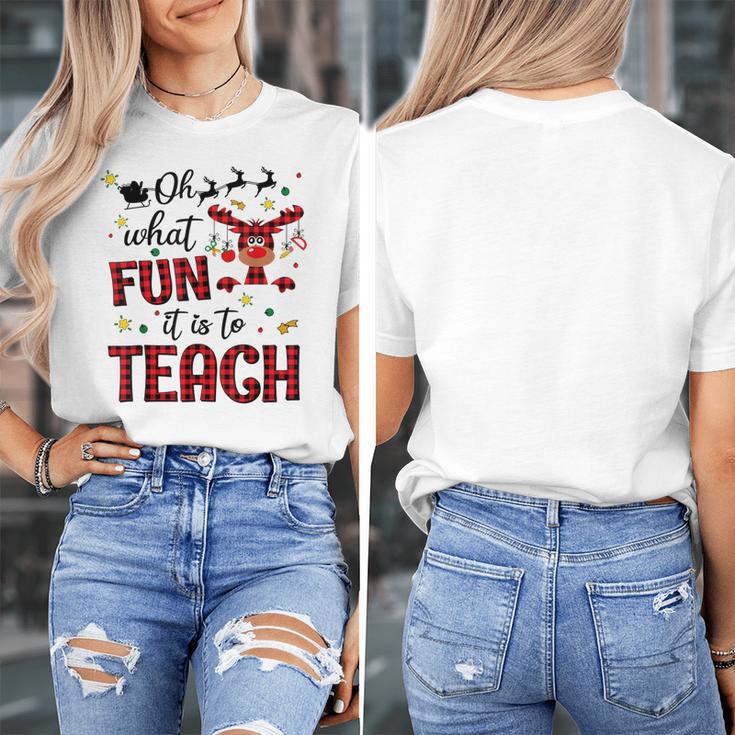 Teachers Oh What Fun It Is To Teach Cute Red Plaid Reindeer Women's T-Shirt, funny design