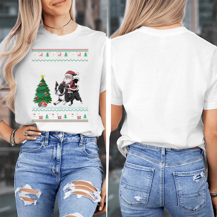 Ugly Christmas Tree Lights Xmas Santa Riding Boston Terrier Women's T-Shirt, Boston Terrier Christmas Gifts, Boston Terrier Riding Gifts, funny design
