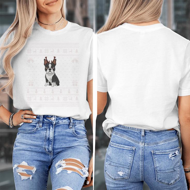 Ugly Xmas Sweater Style Boston Terrier Reindeer Christmas Women's T-Shirt, Boston Terrier Christmas Gifts, funny design