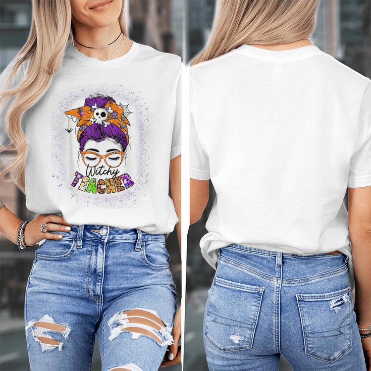 Witchy Teacher Halloween Messy Bun Teacher Bleached Women's T-Shirt, funny design Witchy Teacher Halloween Messy Bun Teacher Bleached Women's T-Shirt, funny design