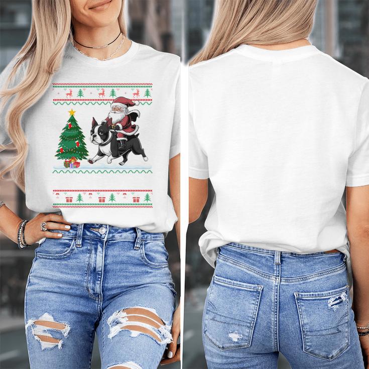 Xmas Tree Lighting Santa Riding Boston Terrier Christmas Women's T-Shirt, Boston Terrier Christmas Gifts, Boston Terrier Riding Gifts, funny design