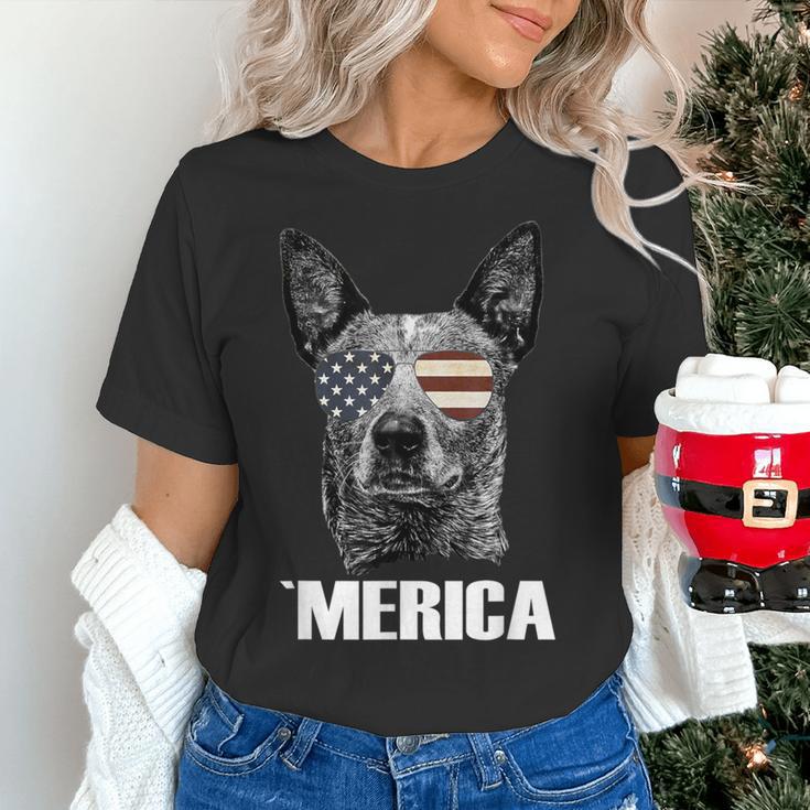 4th July Blue Heeler Dog Merica Patriotic USA Flag Cute Women's T-Shirt, gift for family, gift for coworker