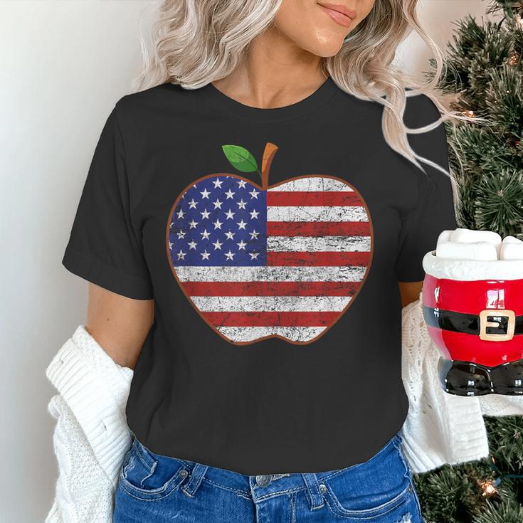 American Flag Teachers Students Apple 4th Of July Vintage Women's T-Shirt, gift for family, gift for coworker American Flag Teachers Students Apple 4th Of July Vintage Women's T-Shirt, gift for family, gift for coworker