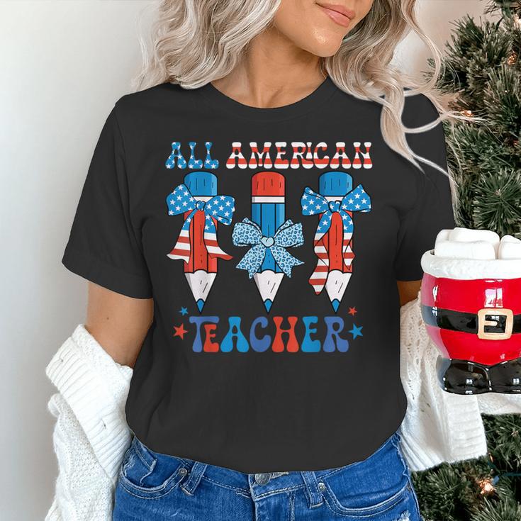 All American Teacher Pencil Coquette Bow USA Flag Teachers Women's T-Shirt, gift for family, gift for coworker All American Teacher Pencil Coquette Bow USA Flag Teachers Women's T-Shirt, gift for family, gift for coworker