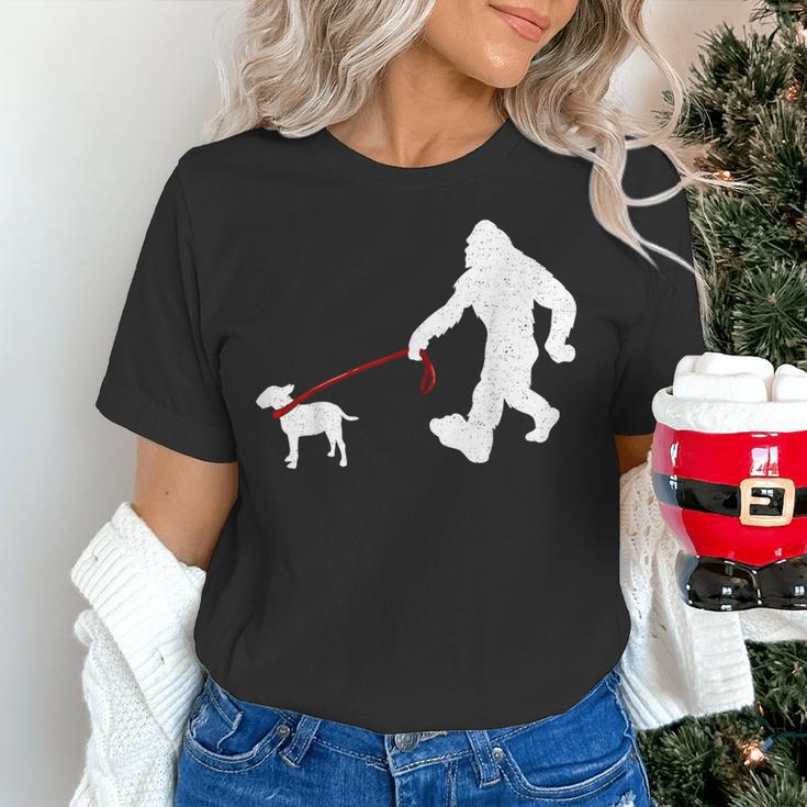 Bigfoot Walking With Bull Terrier Dog Women's T-Shirt, gift for family, gift for coworker